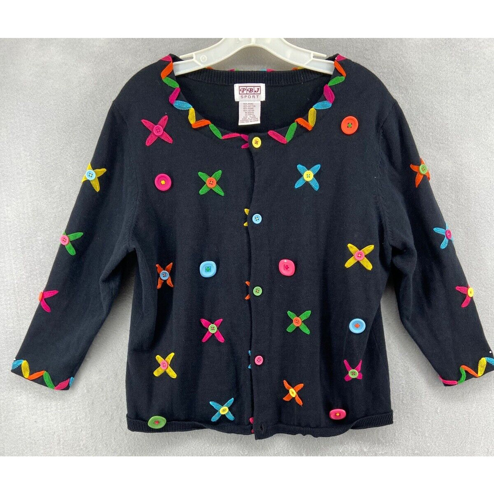 Vtg 90s Y2K PBJ Sport Womens Sz L Cardigan Vibrant‎ Multicolor Blue Sweater